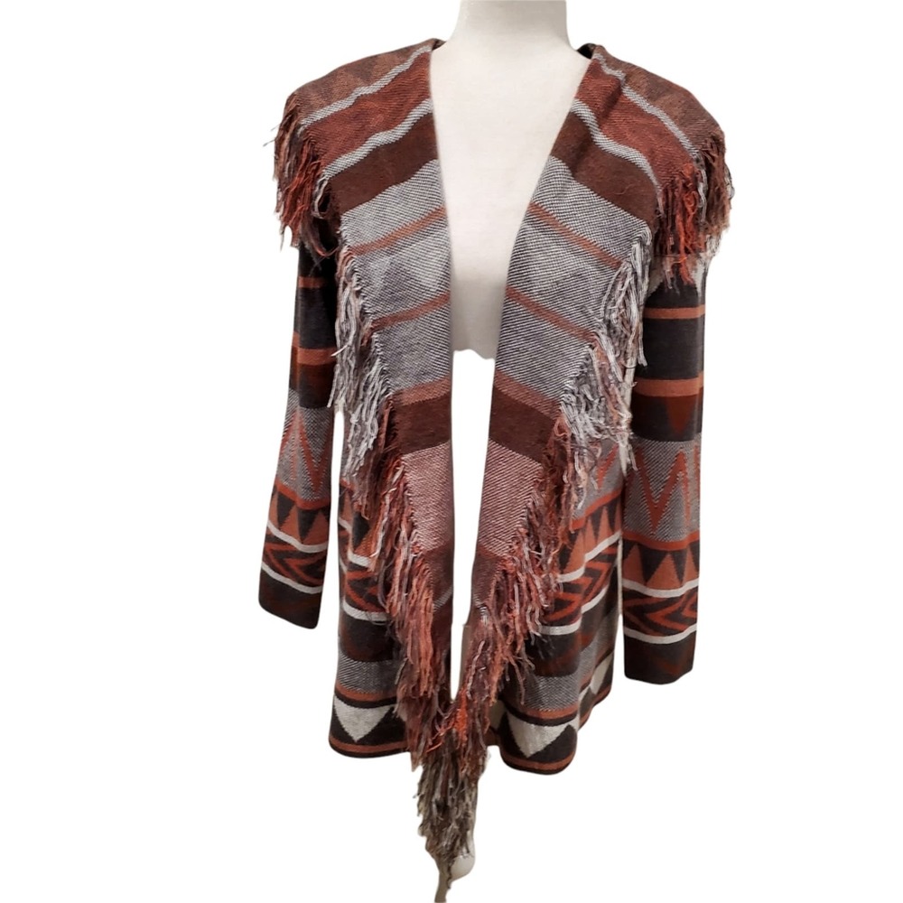 Forever 21 Rust Brown, Gray & Cream Fringe Open Cardigan